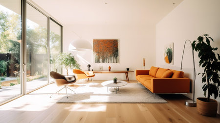 Interior of modern living room with orange sofa and coffee table. Nobody insideの素材