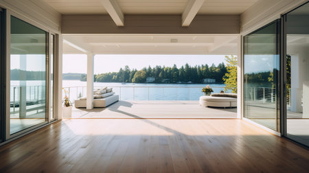 Luxury living room with wooden floor and lake view. Nobody insideの素材