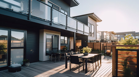 Modern house exterior with terrace and wooden deck. 3d renderingの素材