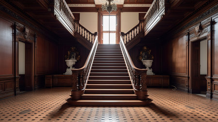 3D rendering of an old wooden staircase in a classic interior.の素材