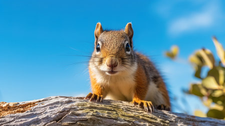 Portrait of a squirrel sitting on a tree trunk against a blue skyの素材