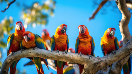 Colourful macaws sitting on a tree branch in the parkの素材