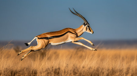 Impala (Aepyceros melampus) jumping, Kalahari desert, South Africaの素材