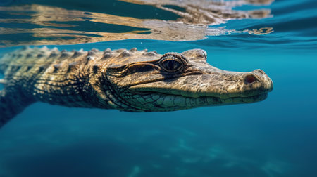 Close up of a crocodile swimming in the blue sea water.の素材