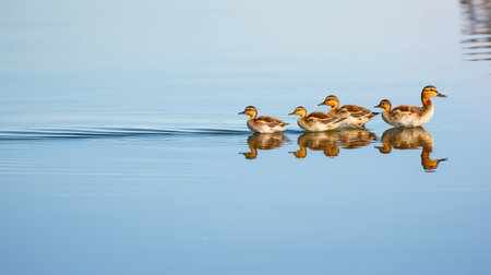 Group of ducks swimming in a lake with reflection in the water.の素材