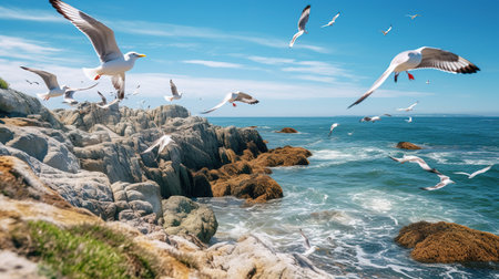 Seagulls flying over the sea, seascape backgroundの素材