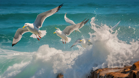 Seagulls on the rocks by the sea. Seascape.の素材