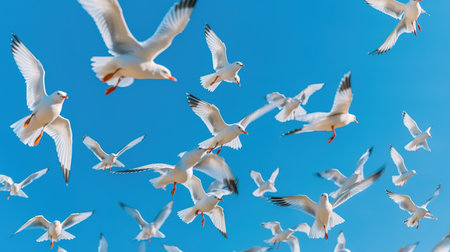 Seagulls flying in the blue sky, nature background.の素材