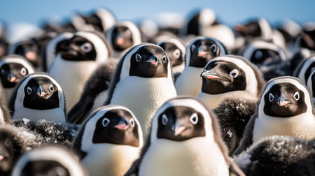 Group of Gentoo penguins (Spheniscus magellanicus) standing in a flock on Bleaker Island in the Falkland Islands.の素材