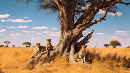 Cheetah cubs sitting on a tree in Serengeti National Park, Tanzaniaの素材