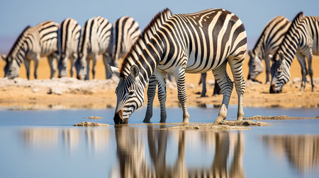 Zebras drinking at a waterhole in Etosha National Park, Namibiaの素材