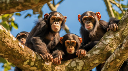 Chimpanzee family sitting on a tree in the forest.の素材