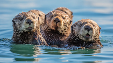 Group of sea otters swimming in the water, close up.の素材