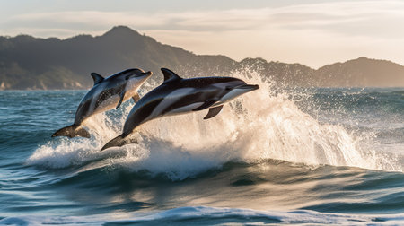 Dolphins jumping out of the water in the ocean at sunset.の素材