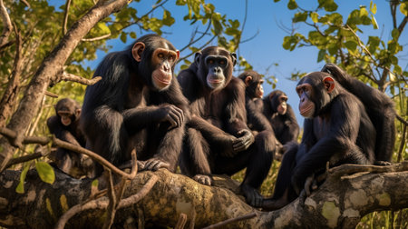 Chimpanzee family sitting on a tree in the forest.の素材