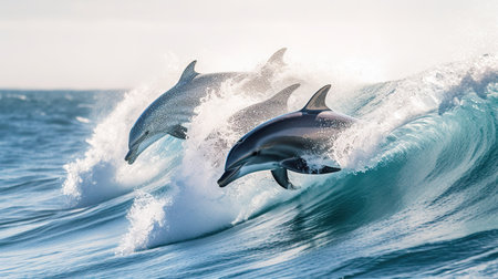 Dolphins jumping out of the ocean wave. 3D Renderingの素材