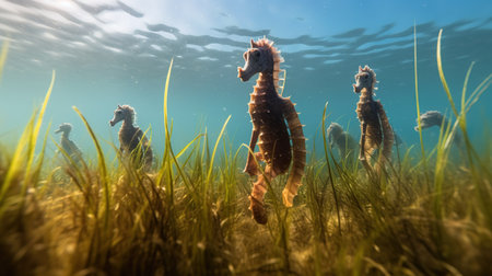 Two seahorses in the sea. Underwater landscape with seahorses.の素材