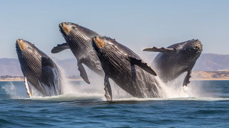 Humpback whales splashing in the Atlantic Ocean, Namibia.の素材