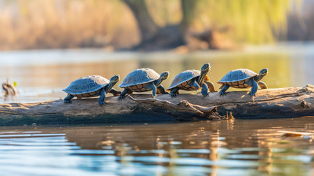 Turtles on a log in the water at sunset. Wildlife scene from nature.の素材