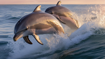 Dolphins jumping out of the water in the ocean. 3d renderingの素材