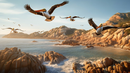 Pelicans flying over the sea. 3D Rendering.の素材