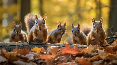 Three squirrels standing on a tree in the park in autumn.の素材