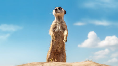 Meerkat standing on its hind legs against a blue sky.の素材