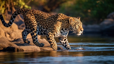 Leopard in water, Kruger National Park, South Africa ; Specie Panthera pardus family of Felidaeの素材