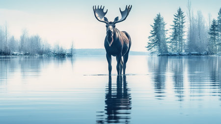 Beautiful moose with big antlers standing in water in winterの素材