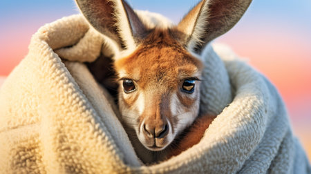Cute kangaroo wrapped in a warm blanket, closeupの素材
