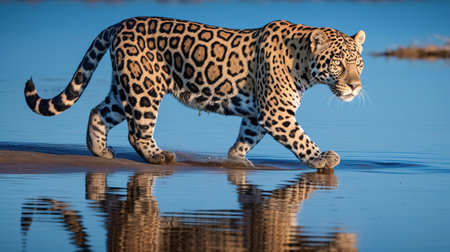 Leopard (Panthera pardus) walking in water, South Africaの素材