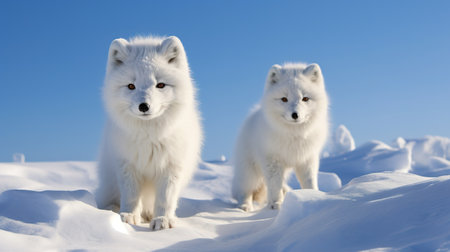 Two beautiful white Arctic foxes in the snow against the blue skyの素材
