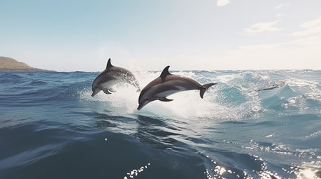 Dolphins jumping out of the water. 3d render illustration.の素材