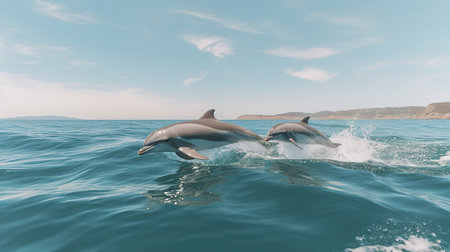 Dolphins jumping out of the water. 3D Rendering.の素材