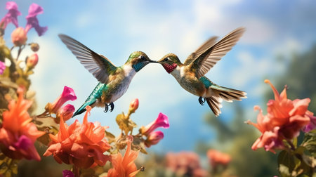 Two Ruby-throated Hummingbirds (archilochus colubris) in flight with flowers in backgroundの素材