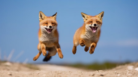 Two red foxes jumping in the air on a sunny day.の素材