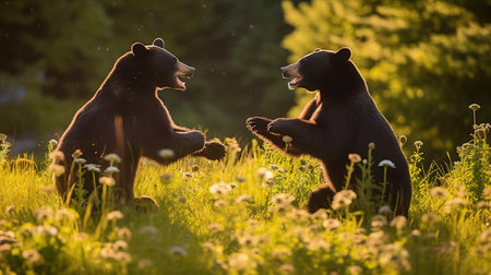 Two black bears playing in the grass at sunset. Wildlife scene from nature.の素材
