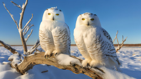 Snowy owls (Bubo scandiacus) sitting on a branch in winterの素材