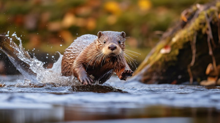 European small clawed otter (Lutra lutra) in autumnの素材