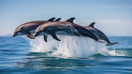 Dolphins jumping out of the water in the ocean. Dolphins jumping out of the water.の素材