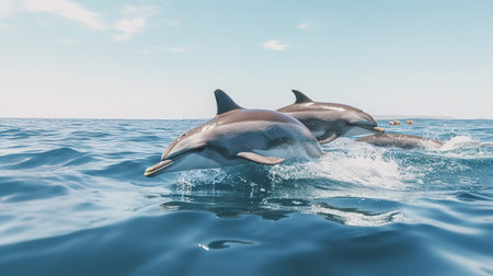 Dolphins jumping out of the water. 3d render illustration.の素材
