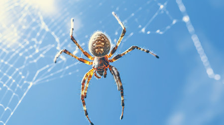 spider on web with blue sky background, closeup of photo