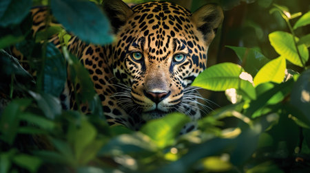Portrait of a leopard, Panthera onca, in the jungleの素材