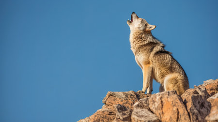 A Coyote standing on a rock with a blue sky in the backgroundの素材