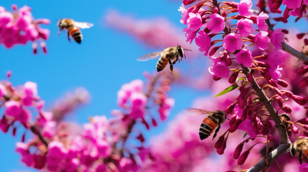 Honey bee and pink flowers on a blue sky background. Shallow depth of field.の素材