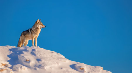 Coyote standing on a snow covered hill against blue sky.の素材
