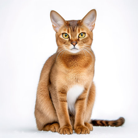 Beautiful Abyssinian cat sitting on white background and looking at cameraの素材