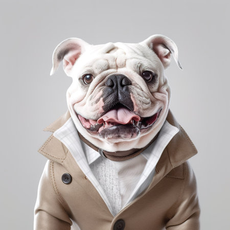 Portrait of a cute English bulldog in a coat. Studio shot.の素材