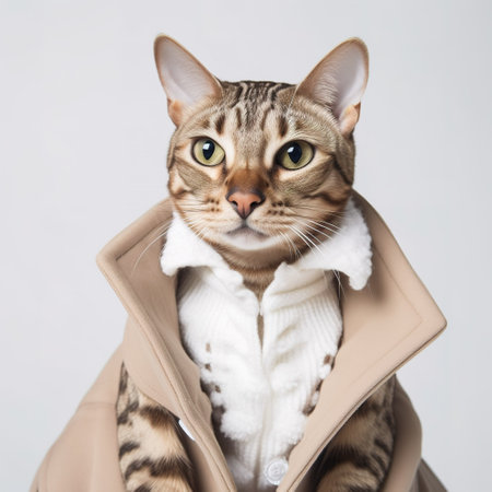 Portrait of a bengal cat in a coat on a white backgroundの素材