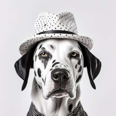 Dalmatian dog wearing a hat and scarf on white backgroundの素材